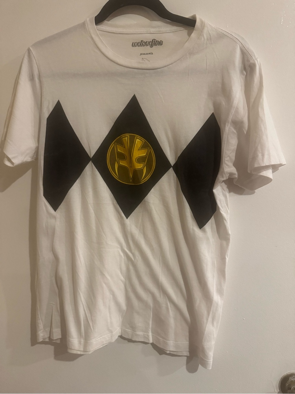 welovefine Power Rangers White Graphic Tee with Black Diamonds & Gold Emblem